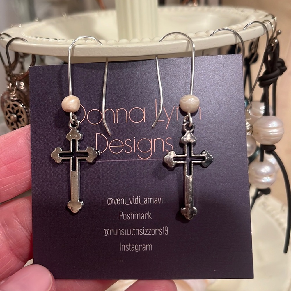 Open Cross and Pearl Earrings